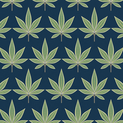Galerie Mulberry Tree Blue Green Palm Leaf Wallpaper Roll