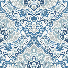 Galerie Mulberry Tree Blue White Floral Damask Wallpaper Roll