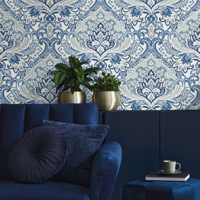 Galerie Mulberry Tree Blue White Floral Damask Wallpaper Roll