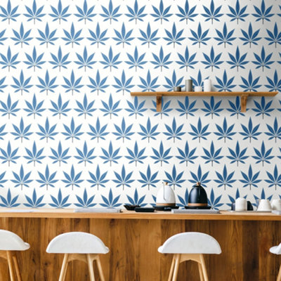 Galerie Mulberry Tree Blue White Palm Leaf Wallpaper Roll