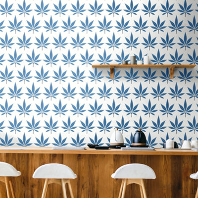 Galerie Mulberry Tree Blue White Palm Leaf Wallpaper Roll