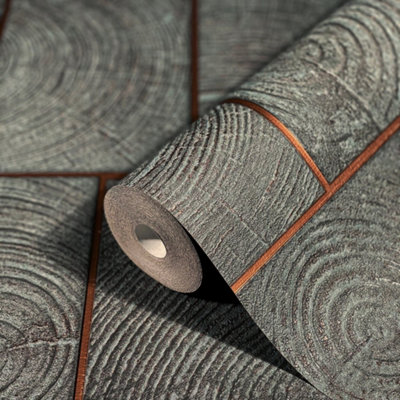 Galerie Natural Opulence Black & Rose Gold Wood Block Wallpaper Roll