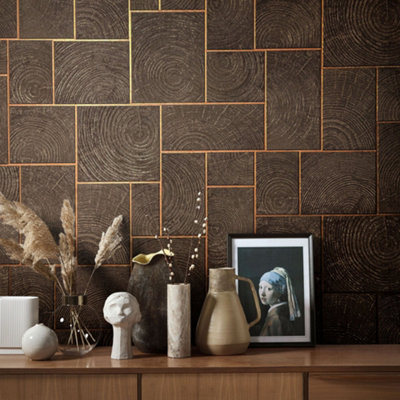 Galerie Natural Opulence Bronze Brown Wood Block Wallpaper Roll