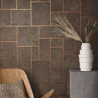 Galerie Natural Opulence Bronze Brown Wood Block Wallpaper Roll