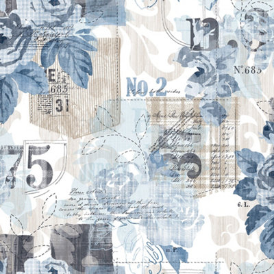 Galerie Nordic Elements Blue Floral Rose Patchwork Wallpaper Roll