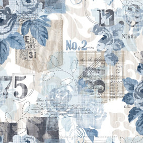 Galerie Nordic Elements Blue Floral Rose Patchwork Wallpaper Roll