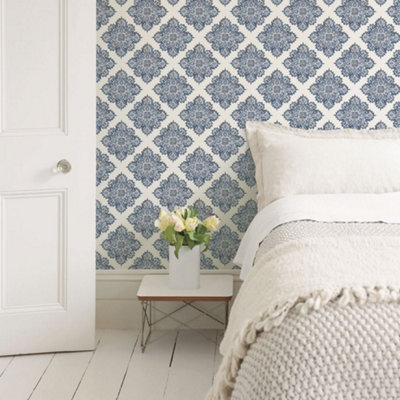 Galerie Nordic Elements Blue Metallic Hmong Tile Effect Wallpaper Roll