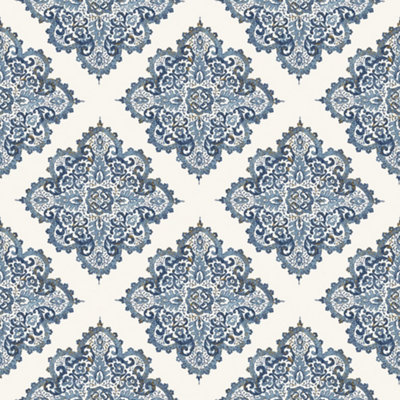 Galerie Nordic Elements Blue Metallic Hmong Tile Effect Wallpaper Roll