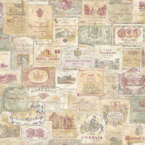 Galerie Nostalgie Beige Wine Labels Smooth Wallpaper