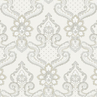 Galerie Opulence Cream Beige Grey Luxury Italian Damask Embossed Wallpaper