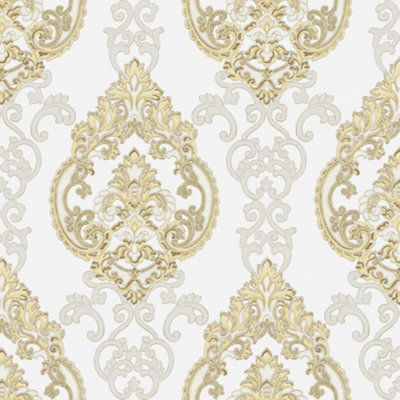 Galerie Opulence Cream Gold Large Damask Embossed Wallpaper DIY at B&Q