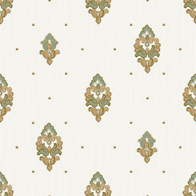 Galerie Opulence Green Gold Cream Italian Motif Embossed Wallpaper