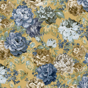 Galerie Opulence Mustard Yellow Blue Italian Floral Embossed Wallpaper