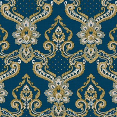 Galerie Opulence Navy Blue Gold Luxury Italian Damask Embossed