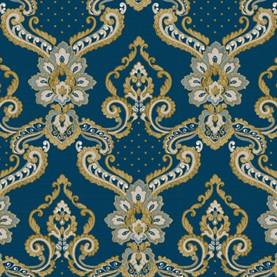 Galerie Opulence Navy Blue Gold Luxury Italian Damask Embossed Wallpaper