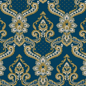 Galerie Opulence Navy Blue Gold Luxury Italian Damask Embossed Wallpaper