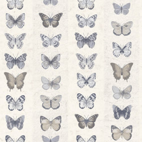 Galerie Organic Textures Beige Blue Jewel Butterflies Stripe Textured Wallpaper