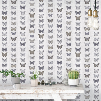 Galerie Organic Textures Beige Grey Jewel Butterflies Stripe Textured Wallpaper