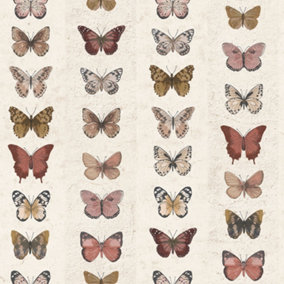 Galerie Organic Textures Beige Red Tan Jewel Butterflies Stripe Textured Wallpaper