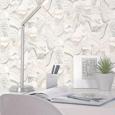 Galerie Organic Textures Beige Silver Grey Agate Tile Textured Wallpaper