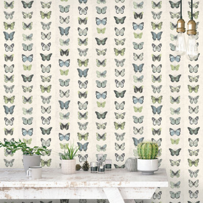 Galerie Organic Textures Blue Beige Green Jewel Butterflies Stripe Textured Wallpaper