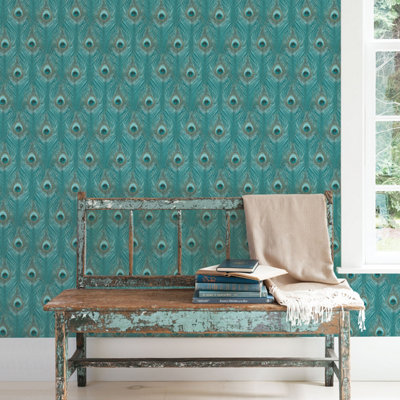 Galerie Organic Textures Turquoise Peacock Feather Textured Wallpaper