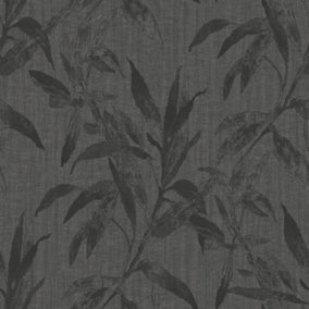 Galerie Passenger Grey Black Tropical Leaves Smooth Wallpaper