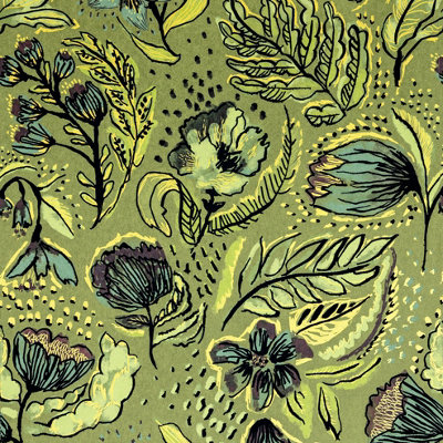 Galerie Pepper Felice Yellow/Green Flocked Wild Flower Matte Wallpaper