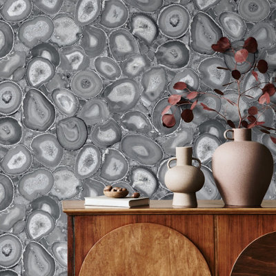 Galerie Pepper Filo Grey Glass Bead Geometric Stone Wallpaper