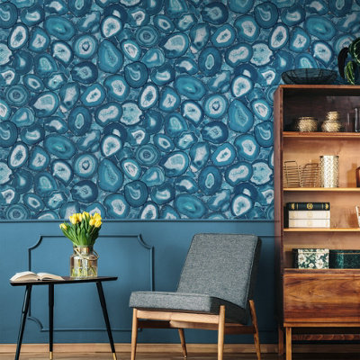 Galerie Pepper Filo Navy Glass Bead Geometric Stone Wallpaper