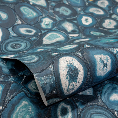 Galerie Pepper Filo Navy Glass Bead Geometric Stone Wallpaper