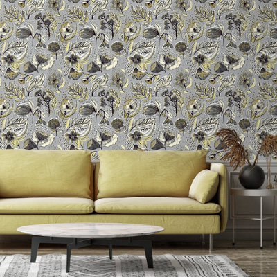 Galerie Pepper Flock Floral Silver Grey Wallpaper 81333