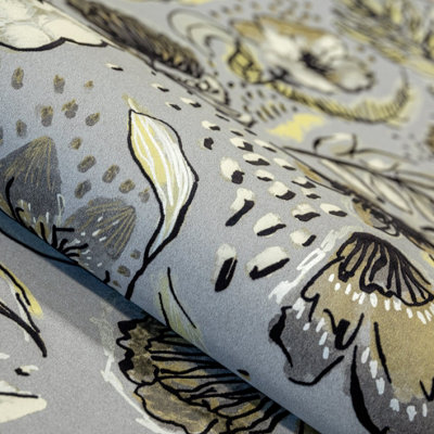 Galerie Pepper Flock Floral Silver Grey Wallpaper 81333