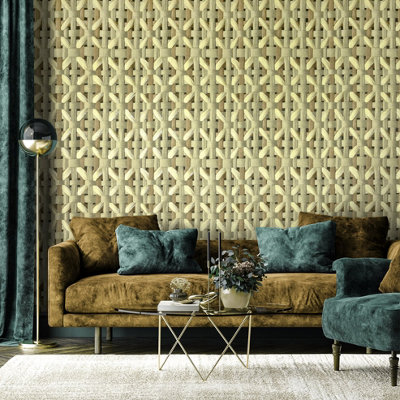 Galerie Pepper Seta Yellow Glitter Octogonal Honeycomb Wallpaper
