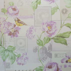 Galerie Postcard Stamp Floral Wallpaper White Cream Grey Green Purple Birds