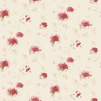 Galerie Pretty Prints Cream/Red Hortensia Floral Trail Wallpaper Roll