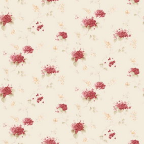 Galerie Pretty Prints Cream/Red Hortensia Floral Trail Wallpaper Roll