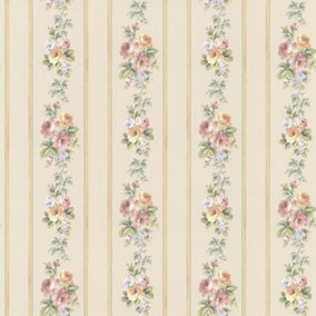 Galerie Rose Garden Beige Flowers & Stripes Smooth Wallpaper