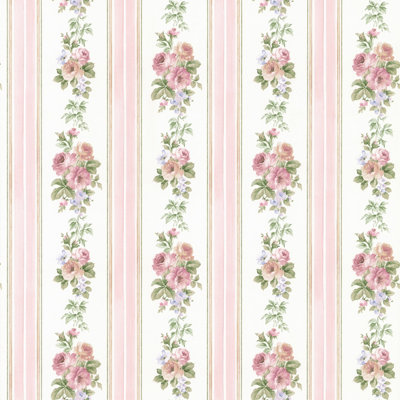Galerie Rose Garden Pink Flowers & Stripes Smooth Wallpaper | DIY at B&Q