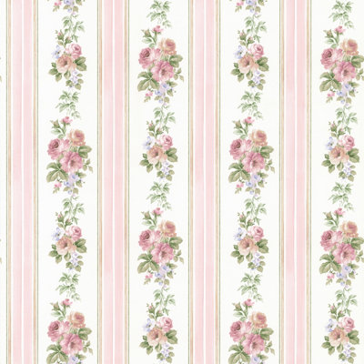 Galerie Rose Garden Pink Flowers & Stripes Smooth Wallpaper | DIY at B&Q