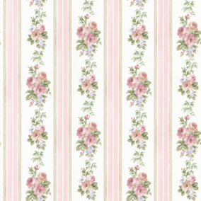 Galerie Rose Garden Pink Flowers & Stripes Smooth Wallpaper