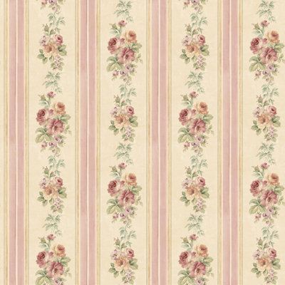 Galerie Rose Garden Pink Flowers & Stripes Smooth Wallpaper