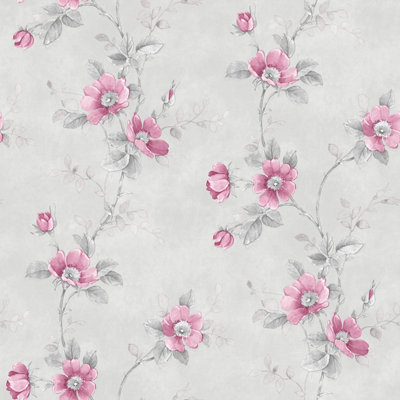 Galerie Rose Garden Silver Grey Pretty Floral Smooth Wallpaper