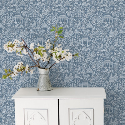 Galerie Secret Garden Blue Botanical Toile Wallpaper Roll