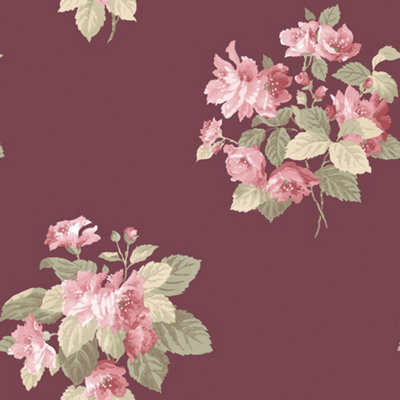 Galerie Secret Garden Cranberry/Pink Floral Bouquet Wallpaper Roll