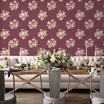 Galerie Secret Garden Cranberry/Pink Floral Bouquet Wallpaper Roll