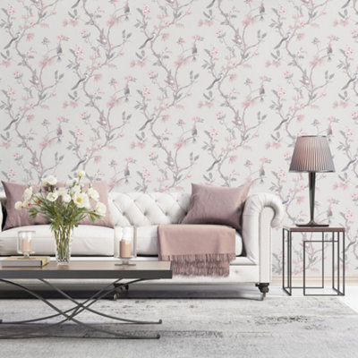 Galerie Secret Garden Grey/Pink Garden Bird Trail Wallpaper Roll