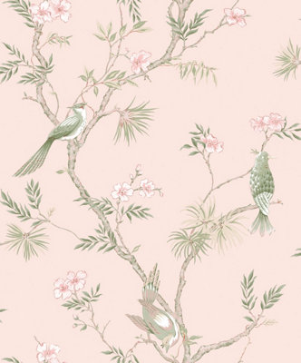 Galerie Secret Garden Pink/Green Garden Bird Trail Wallpaper Roll