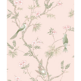 Galerie Secret Garden Pink/Green Garden Bird Trail Wallpaper Roll
