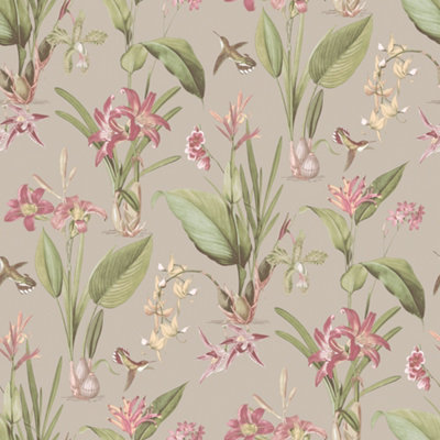 Galerie Secret Garden Taupe/Bright Botanical Floral Wallpaper Roll